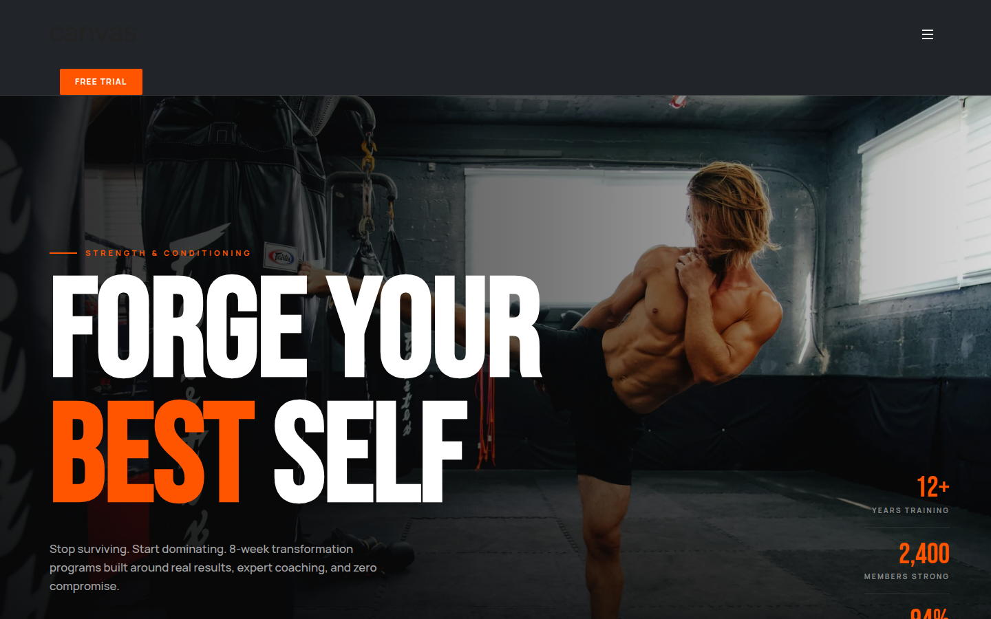Modern Strength & Conditioning Gym — Full fitness website built with Canvas Builder